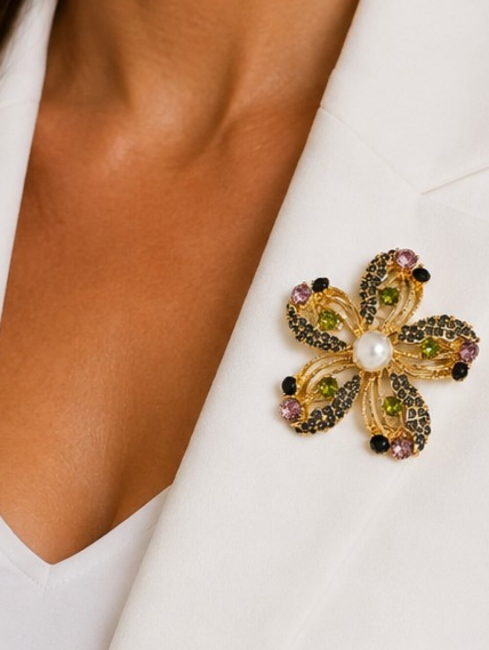 💎 Gold Tone Flower Brooch Pearl Multicolor Rhinestone Crystal Statement Pin